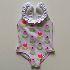 Jacadi Baby Girl Flower Print Pique Swimsuit with Scalloped Collar - Size 6M